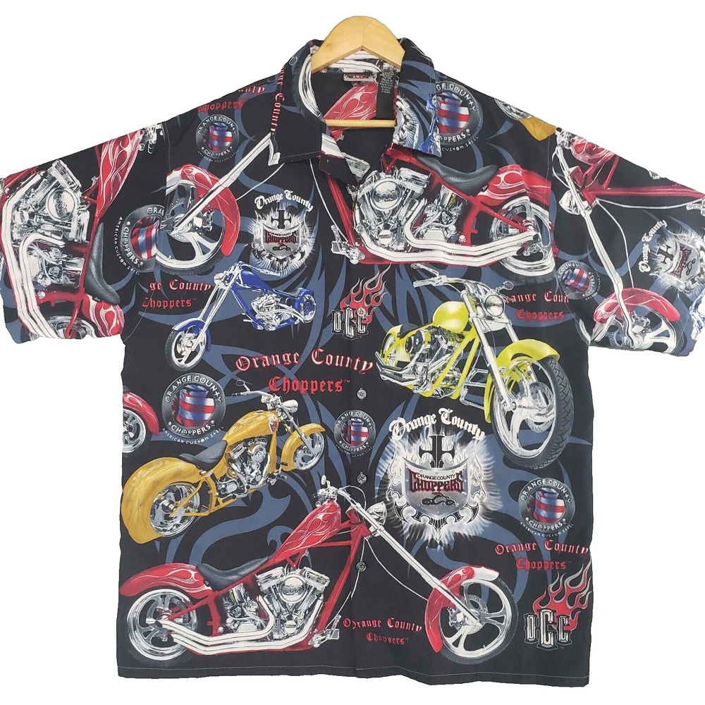 Orange County Choppers All Over Print Shirt‎ 2004 Black Flames Motorcycles XL